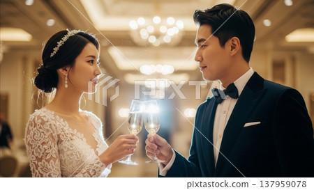 Wedding - Asian Couple Toasting with Champagne Glasses at Elegant Reception Venue in Formal Attire 137959078