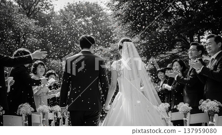 Wedding - Asian Couple Walking Down Aisle Outdoor Ceremony Confetti Shower Black and White Photography 137959080