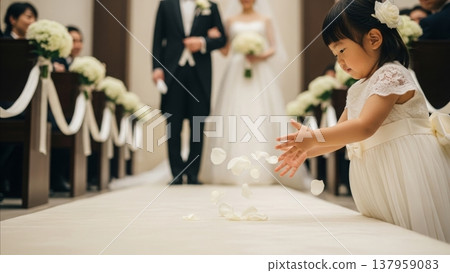 Wedding - Asian Flower Girl Tossing White Rose Petals Down the Aisle During Elegant Chapel Ceremony 137959083