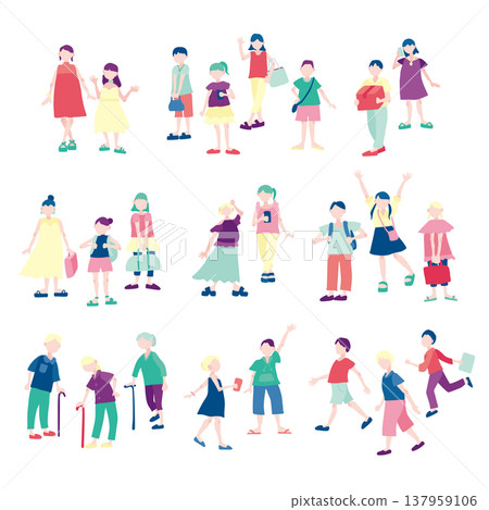 A set of illustrations of people walking outside in the summer. A set of illustrations of people walking outside in the summer. 137959106