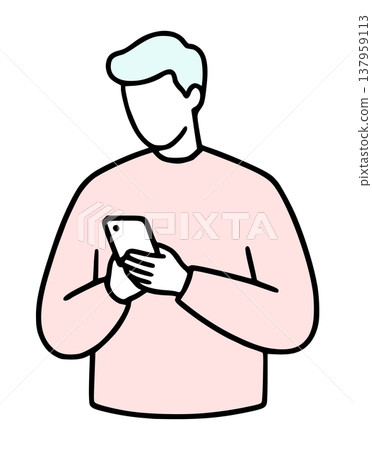 Man looking at his smartphone: using social media and apps (simple line drawing/vector) 137959113