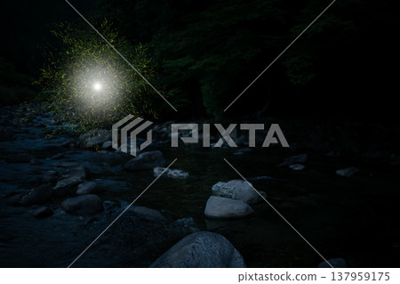Fireflies are attracted to bright light; an image of yellow-colored light. 137959175