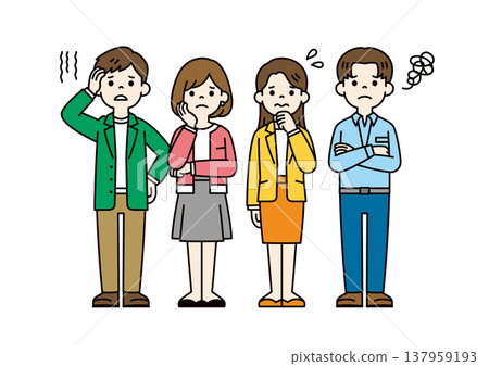 Full-body vector illustrations of multiple young business people with troubled, worried, or thinking expressions and poses. Full-body vector illustrations of multiple young business people with troubled, worried, or thinking expressions and poses. 137959193