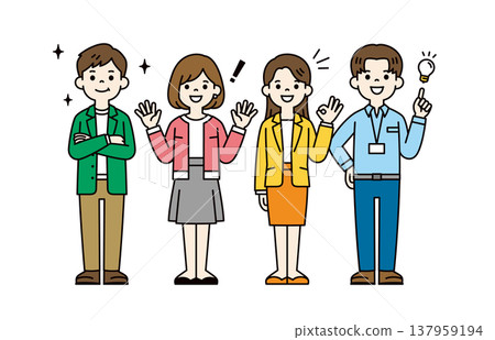 A set of full-body vector illustrations of male and female office workers in their 20s and 30s with positive expressions and poses. 137959194