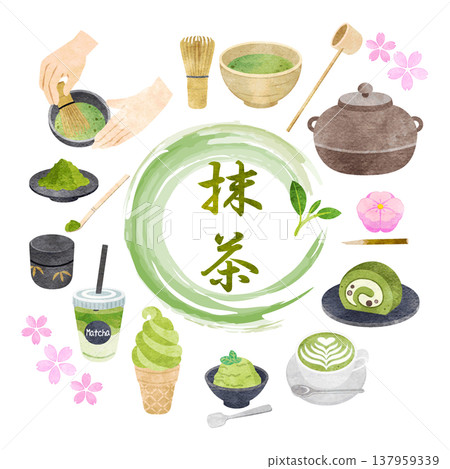 Matcha Illustration Set - Hand-Drawn Watercolor Style Matcha Illustration Set - Hand-Drawn Watercolor Style 137959339