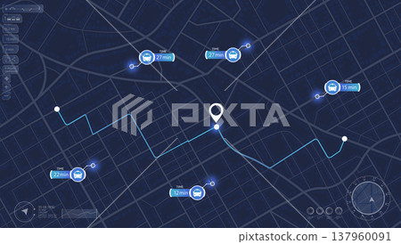 Detailed city street map with various points of interest. GPS tracking system to navigate and find way around the city landmarks, directions to different locations. Vector illustration Detailed city street map with various points of interest. GPS tracking system to navigate and find way around the city landmarks, directions to different locations. Vector illustration 137960091