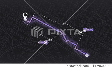City map with designated destination, and multiple markers indicating various routes, including the shortest path option. Abstract navigation of city streets and neighborhoods. Vector illustration City map with designated destination, and multiple markers indicating various routes, including the shortest path option. Abstract navigation of city streets and neighborhoods. Vector illustration 137960092