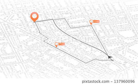 Isometric city map with designated destination, and multiple markers indicating various routes, including the shortest path option. Abstract navigation of city streets. Vector illustration 137960096