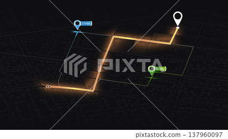 Multiple markers indicating various routes, including the shortest path option. Isometric city map with designated destination. Abstract navigation of city streets and neighborhoods. Vector Multiple markers indicating various routes, including the shortest path option. Isometric city map with designated destination. Abstract navigation of city streets and neighborhoods. Vector 137960097