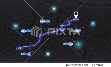 City map interface with ride sharing icons, glowing route, and point of interest markers. Vector illustration. 137960100