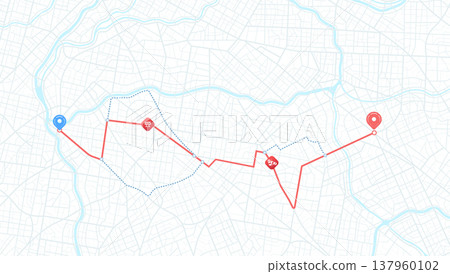 Highway disruptions. Accident road. Closed turns of the route, road. Traffic detours on perspective map. Location tracks dashboard. Generic city map with signs of streets. Vector illustration 137960102
