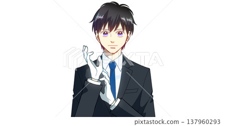 一幅動漫風格的插圖，描繪了一位身穿西裝、戴著白色手套的男子，背景為白色。 137960293