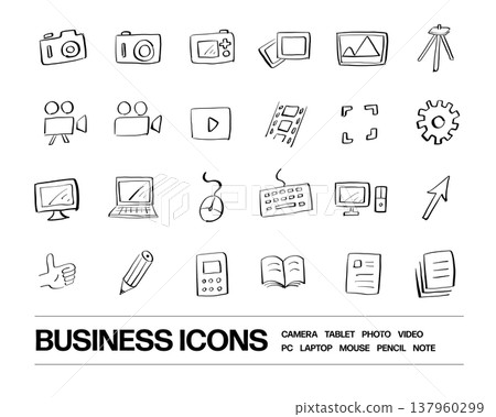 A set of hand-drawn black and white rough icons for cameras, videos, computers, business, etc. A set of hand-drawn black and white rough icons for cameras, videos, computers, business, etc. 137960299