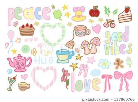 Cute hand drawn vector illustrations of Christmas bell, apple, chocolate cake, hot tea cup with tea bag, mushroom, tea pot, cherry, keys, heart frame, peace letters, champagne glass, good vibes, stars Cute hand drawn vector illustrations of Christmas bell, apple, chocolate cake, hot tea cup with tea bag, mushroom, tea pot, cherry, keys, heart frame, peace letters, champagne glass, good vibes, stars 137960766