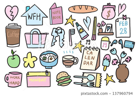 Hand drawn office vector illustration of notebook, work from home sign, takeaway coffee cup, bread loaf, coin purse, calendar, toothpaste, toothbrush, tote bag, keys, rice bowl with fried egg, hot tea 137960794