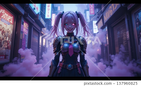 Pink Haired Cyborg Girl with Heterochromia in Foggy Neon Alley 137960825