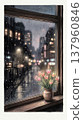 Smartphone screen 9:16 Rainy cityscape, pink tulips 137960846