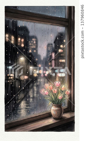 Smartphone screen 9:16 Rainy cityscape, pink tulips 137960846