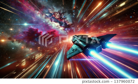 Spaceship Traveling At Warp Speed Through Colorful Nebula In Deep Space 137960872