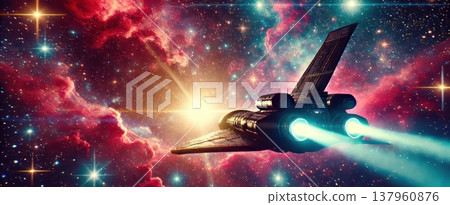 Rear View Of Spaceship Engines Glowing While Traveling Through Deep Cosmos 137960876