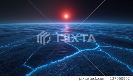 Frozen alien sea with glowing blue cracks under a red dwarf sun 137960902