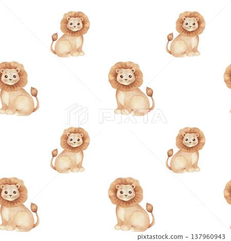 Seamless childish watercolor pattern with lions. Cute pattern, wild animal, African safari Seamless childish watercolor pattern with lions. Cute pattern, wild animal, African safari 137960943