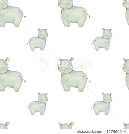 Seamless childish watercolor pattern with Rhino. Cute pattern, wild animal, African safari  137960944