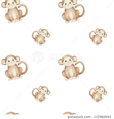 Seamless childish watercolor pattern with jungle monkey. Cute pattern, wild animal, African safari Seamless childish watercolor pattern with jungle monkey. Cute pattern, wild animal, African safari 137960945