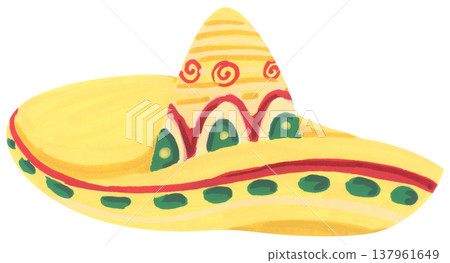 Watercolor Sombrero with Festive Pattern. Mexican Hat. 137961649