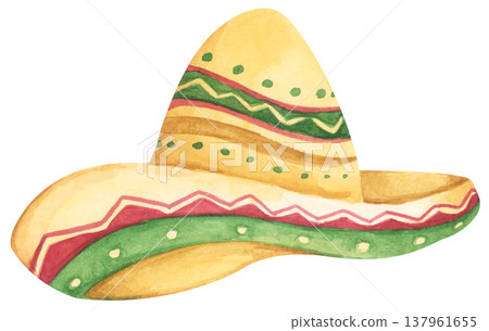 Watercolor Sombrero with Festive Pattern. Mexican Hat. 137961655