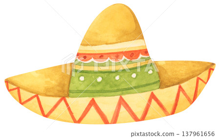 Watercolor Sombrero with Festive Pattern. Mexican Hat. 137961656
