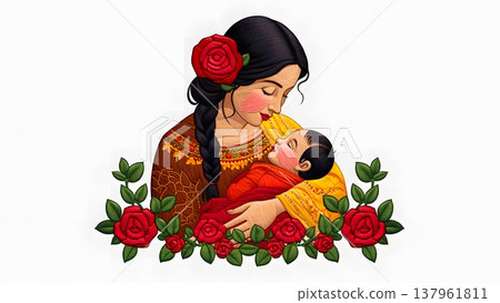 Tender Mother and Child Surrounded by Red Roses and Floral Elements 137961811