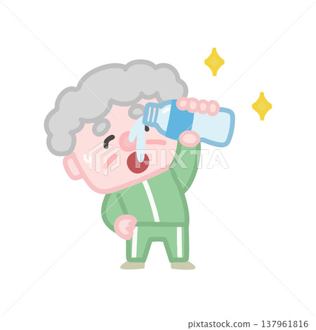 一組可愛的插圖，描繪了穿著運動服鍛鍊的老年男性。 137961816