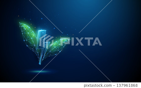 3d blue lightning bolt surrounded by green leaves. Clean energy, sustainable power, eco-friendly technology, renewable energy innovation, green electricity concept 3d blue lightning bolt surrounded by green leaves. Clean energy, sustainable power, eco-friendly technology, renewable energy innovation, green electricity concept 137961868