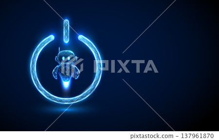 3d blue robot inside power button. AI activation, smart system startup, automated assistant launch, intelligent technology control, machine learning concept. 3d blue robot inside power button. AI activation, smart system startup, automated assistant launch, intelligent technology control, machine learning concept. 137961870