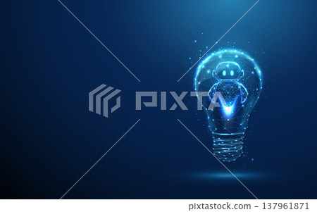 3d blue cute robot inside light bulb. Smart innovation, intelligent assistant concept, creative automation, solution generation, futuristic idea development concept 3d blue cute robot inside light bulb. Smart innovation, intelligent assistant concept, creative automation, solution generation, futuristic idea development concept 137961871