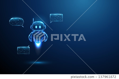 3d blue robot with three speech bubbles. AI communication, chatbot interaction automated support system, conversational AI workflows, customer service automation concept. 3d blue robot with three speech bubbles. AI communication, chatbot interaction automated support system, conversational AI workflows, customer service automation concept. 137961872