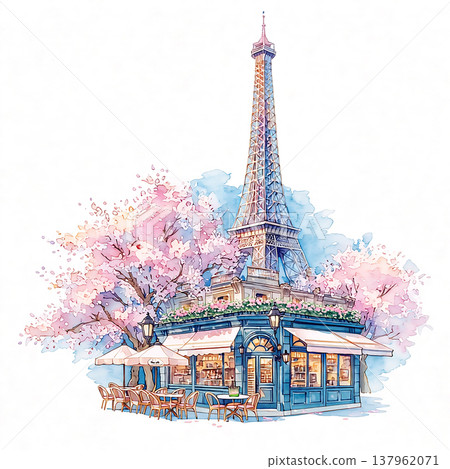 Eiffel Tower and cafe view in spring with cherry blossoms and outdoor seating in Paris, France during daytime 137962071