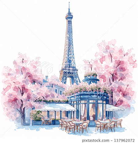 Eiffel Tower stands tall behind a cafe surrounded by pink cherry blossom trees during springtime in Paris 137962072