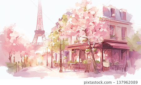 Charming street scene in Paris with blooming trees and Eiffel Tower nearby during a sunny day Charming street scene in Paris with blooming trees and Eiffel Tower nearby during a sunny day 137962089