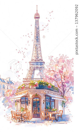 View of the Eiffel Tower with a cafe in spring surrounded by cherry blossom trees in Paris with clear skies and tables outside for visitors 137962092