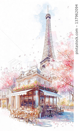 Eiffel Tower stands tall behind a cafe with cherry blossoms in Paris during springtime Eiffel Tower stands tall behind a cafe with cherry blossoms in Paris during springtime 137962094