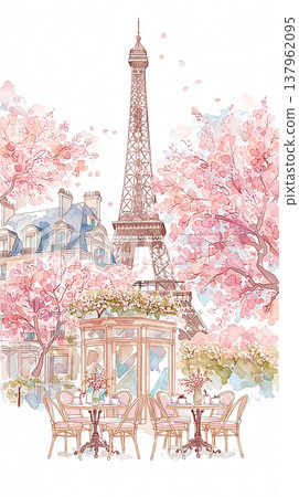 Eiffel Tower view from a cafe with pink trees during springtime in Paris Eiffel Tower view from a cafe with pink trees during springtime in Paris 137962095