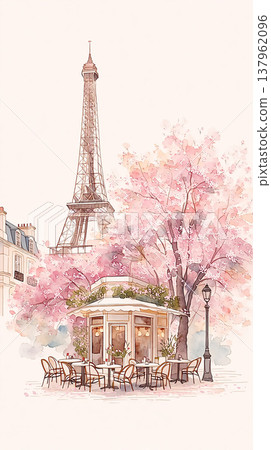 Eiffel Tower stands tall beside a cafe during spring with pink trees in bloom and empty chairs waiting for customers 137962096