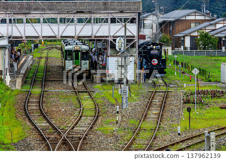 The SL Ginga steam locomotive and a local train lined up at a local station, with the branching tracks creating an impressive railway scene. The SL Ginga steam locomotive and a local train lined up at a local station, with the branching tracks creating an impressive railway scene. 137962139