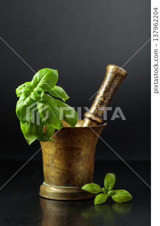 Vintage brass mortar with sprig of basil. Vintage brass mortar with sprig of basil. 137962204