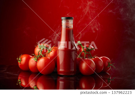Bottle of ketchup or tomato sauce with fresh tomatoes. 137962223