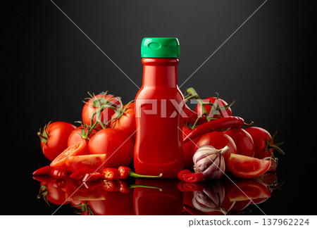 Bottle of ketchup or tomato sauce with ingredients. 137962224