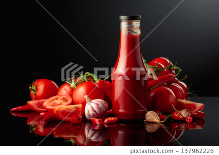 Bottle of tomato sauce with fresh tomatoes, red peppers, and garlic. 137962226