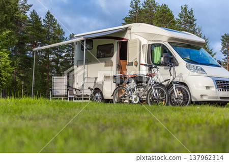 Family vacation travel RV, holiday trip in motorhome, Caravan car Vacation. Beautiful Nature Norway. 137962314